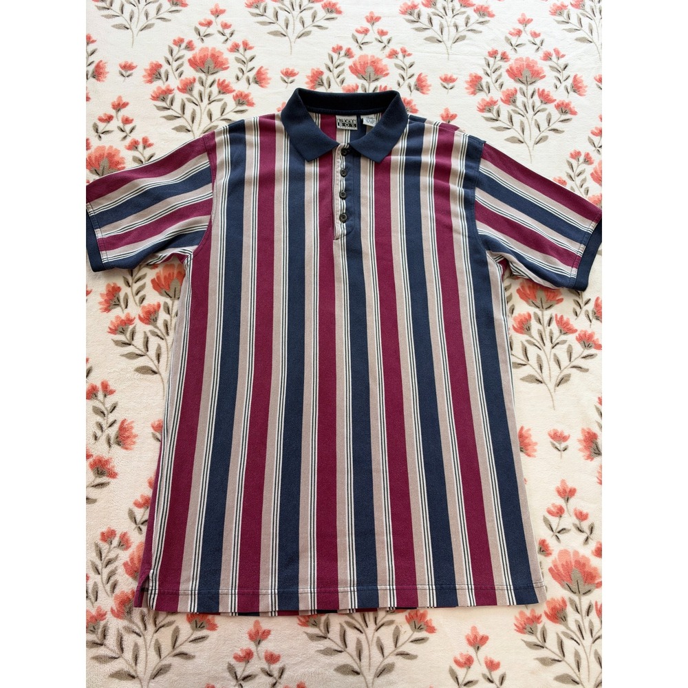 Vintage 90s Bugle Boy Striped Polo Shirt Mens Large Tall LT Burgundy Navy